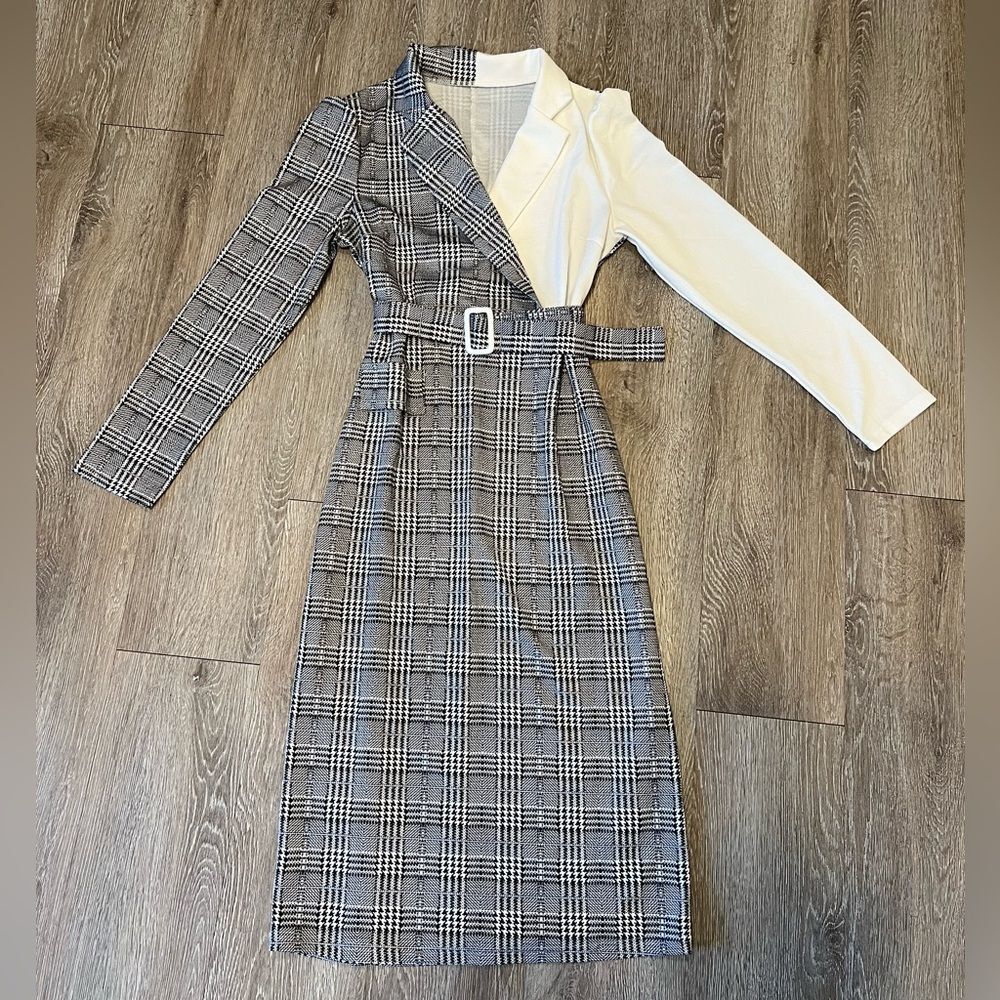 SHEIN Black and Cream Plaid Long Sleeve Dress